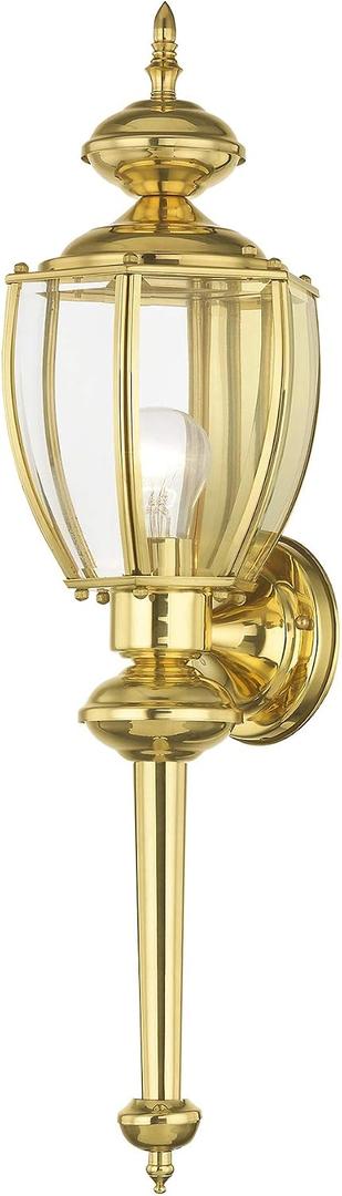 Livex Lighting 2112-02 Outdoor Wall Lantern with Clear Beveled Glass Shades, Polished Brass, 7"W x 25.25"H