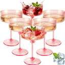 6 Pcs Pink Martini Glasses 10 Oz Plastic Cocktail Cups, Ribbed Champagne Coupe Cup with Gold Rim Cocktail Glasses Detachable Dessert Cups Glassware Bulk for Wedding Birthday Bachelorette Party