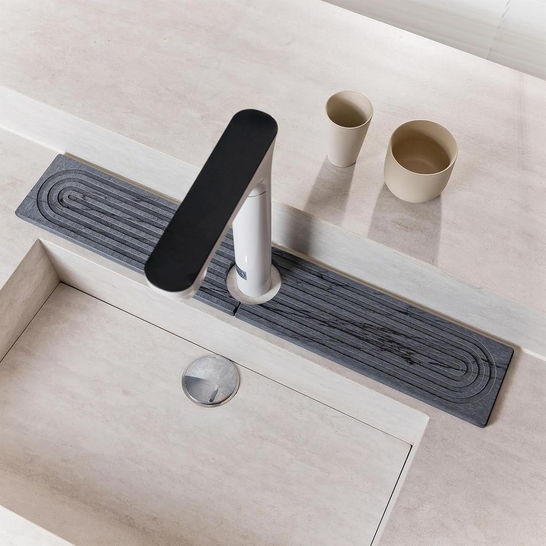 Stone Faucet Mat for Kitchen Sink, Quick Drying Mats, Water Absorbing Guard & Sink Protectors, Diatomite Bathroom Counter Tray, Kitchen Decor Home Accessories - Marble Dark Grey, 19.7''x4''