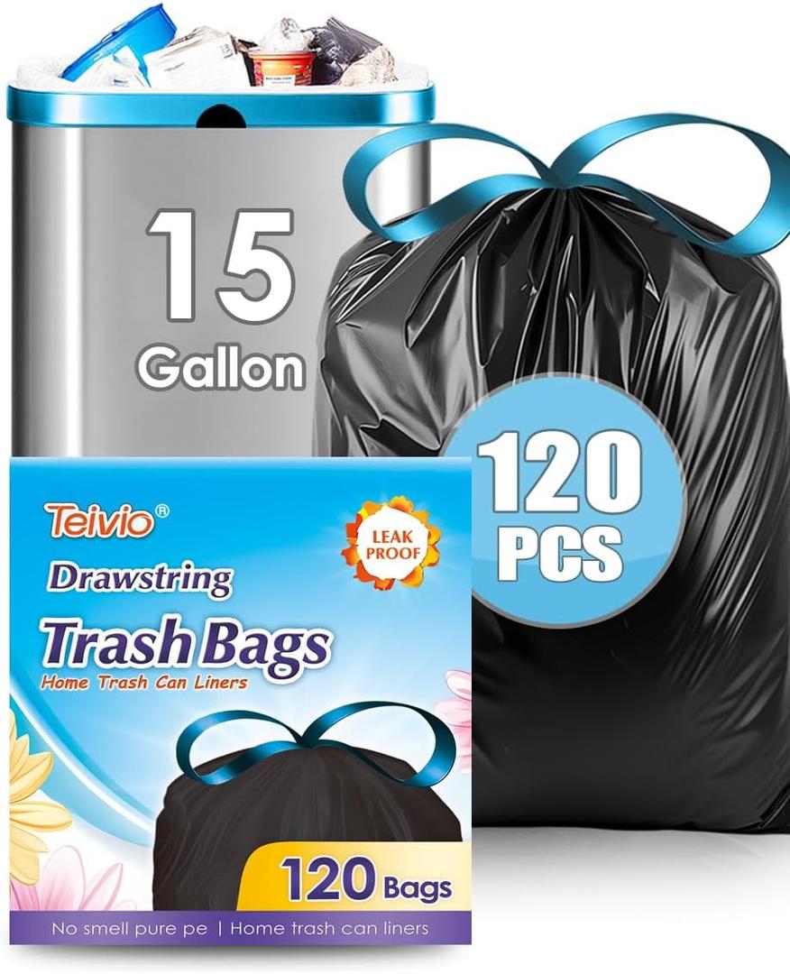 15 Gallon 120 Counts Strong Drawstring Trash Bags Garbage Bags by Teivio, Bathroom Trash Can Bin Liners, Plastic Bags for home office kitchen, Black