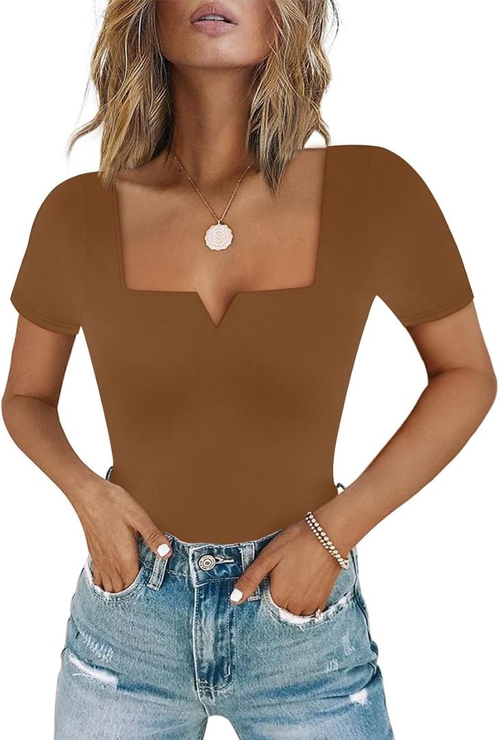 Chunpin Women's Short Sleeve Bodysuit Square Neck Notch V Neck Bodysuits Double Lined Tops Going Out Outfits Thong Bodysuits, L