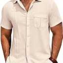 Runcati Mens Cuban Guayabera Shirts Button Down Short Sleeve Shirt Casual Mexican Summer Beach Wedding Tops with Pocket Beige XL