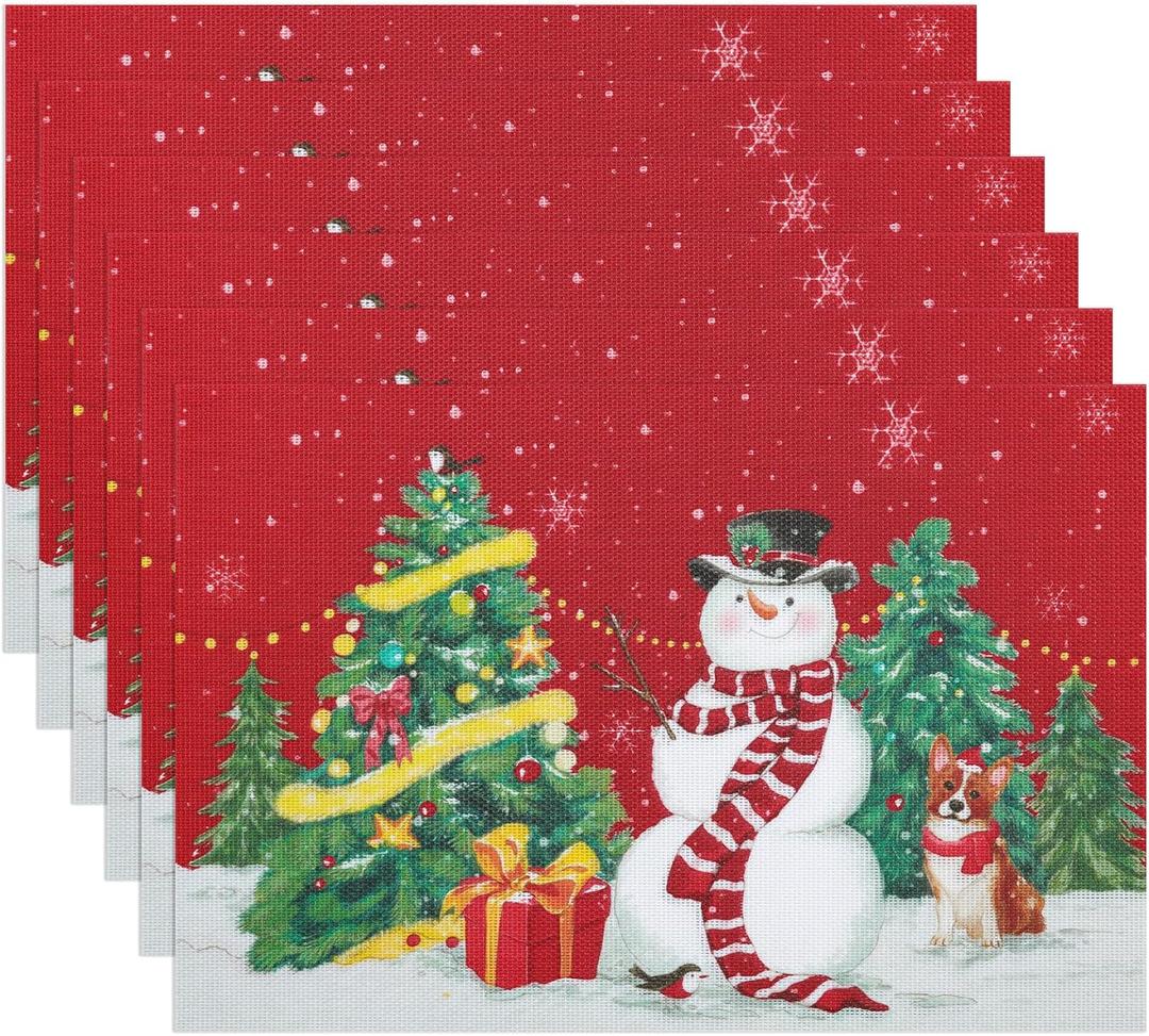 Christmas Placemats are with Classic Santa Claus, Snowflakes and Trees Designed The Colors red for The Festive Atmosphere. Washable Non-Slip Heatproof Woven Placemats Set of 6