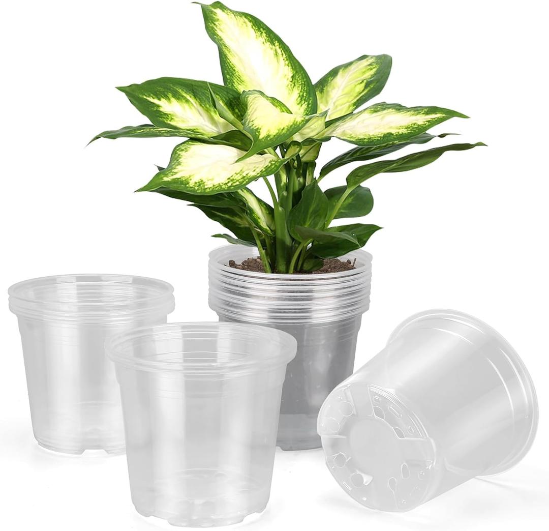 6 Inch Large Clear Nursery Pots with Drainage, 20 Pack Plastic Pots for Plants, Ideal Seedling Pots and Plant Pots for Vegetables, Orchids, Aloe, Indoor Outdoor Use (6 inch-20 Pack)