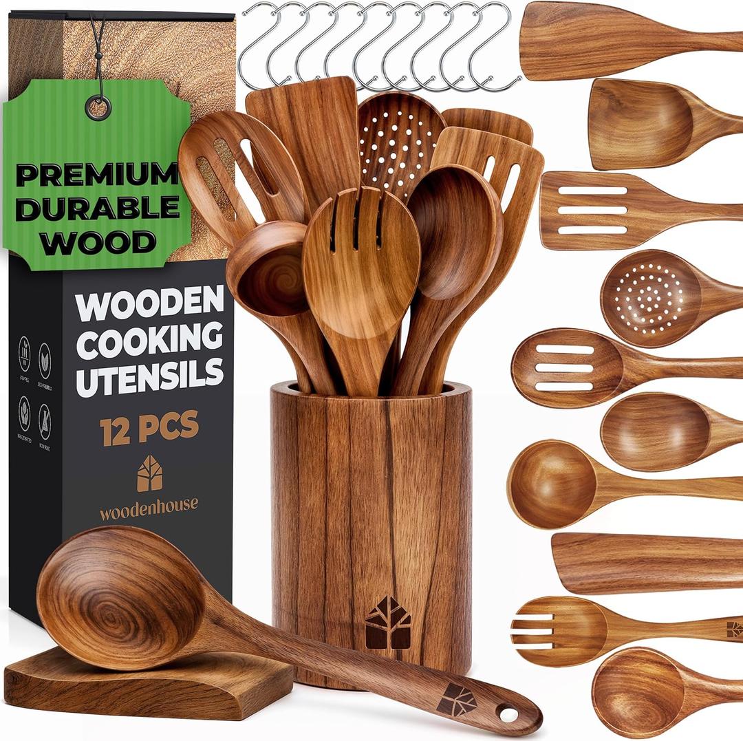 Wooden Spoons for Cooking Wooden Cooking Utensils Set with Holder, Spoon Rest & Hooks, Teak Wood Nonstick Kitchen Cookware Durable Set of 12 Piece with Holder