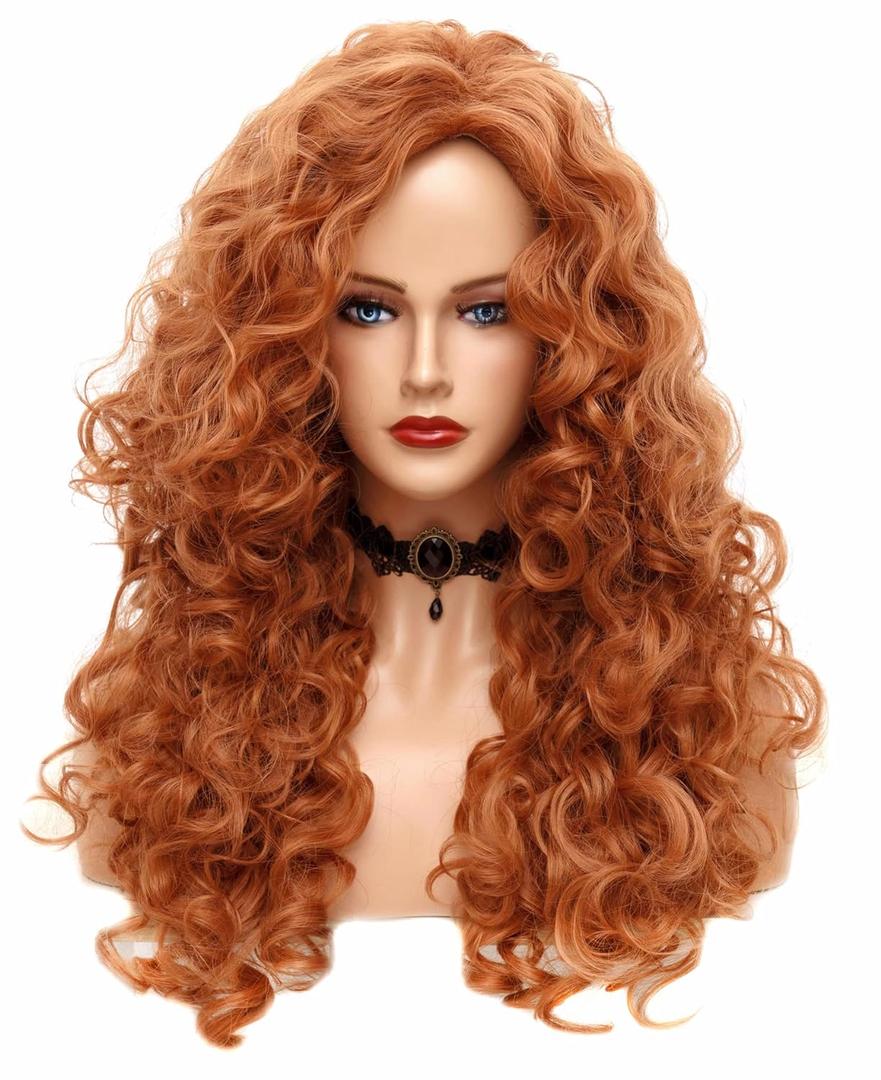 Rugelyss Long Wavy Wigs 28 Inches Natural Copper Fox Red Synthetic Kinky Curly Hair Wig for Women