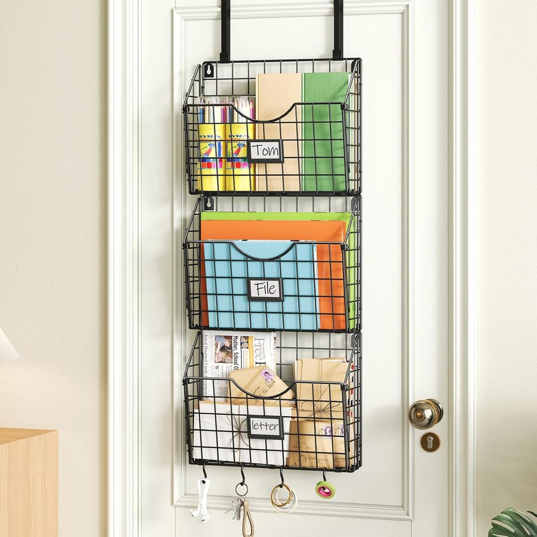 X-cosrack 3-Tier Hanging Wall Files Rack with Door Hooks and 6pcs S Shape Hooks, Over the Door File Organizer &Mounts on Wall Metal Folder, with Tag Slot Great for Office Home and Work- Black