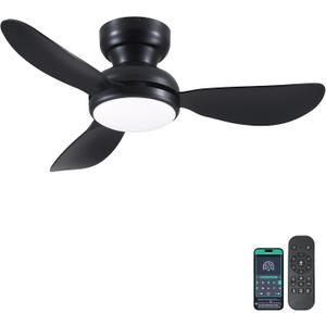 Kviflon 36 Inch Flush Mount Ceiling Fan with Light, 3 Reversible Blades, Remote & APP Control, 3 CCT Dimmable for Bedroom Living Room, Black