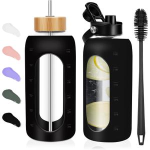 FULBEVY Glass Water Bottles 64 oz - Half Gallon Large Motivational Daily Water Intake Bottle Time Marker - Glass Water Bottle With Straw, Silicone Sleeve 2 Lids, Handle Spout & Bamboo Lid(Black)