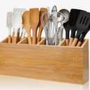 Wingsife Utensils Holder with 4 Compartments, Bamboo Utensil Organizer for Kitchen Countertop, Silverware Caddy Cutlery Holder for Flatware Fork Spoon Spatula, Cooking Utensil (Classic)