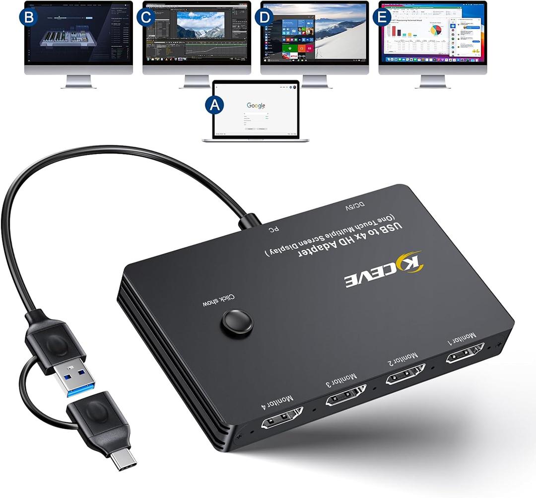 USB to 4 HDMI Adapter, Multi-Monitor Display 5 Separate Screens, Support Mirror/Extend Mode Compatible with Windows, M1/M2 Mac OS, with Black Screen Function