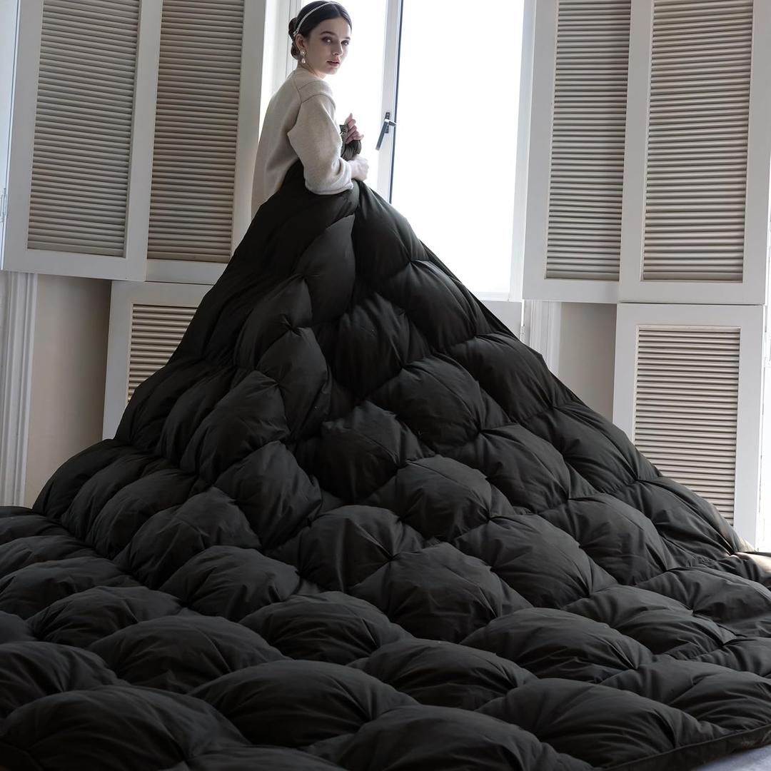 KAKABELL Pinch Pleat Goose Down Feathers Fiber Comforter Palatial King Size All Season-Ultra Soft and Cozy Noiseless Duvet Insert with Egyptian Cotton Blend Cover,Fluffy Warm Comforter Black,120"X98"