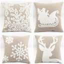 WOMHOPE Pack of 4 Christmas Pillow Covers Embroidery Sleigh Snowflakes Winter Decorative Square Cushion Covers Shells 18 X 18 Inches for Bed,Sofa,Couch (B (Set of 4) Griege)