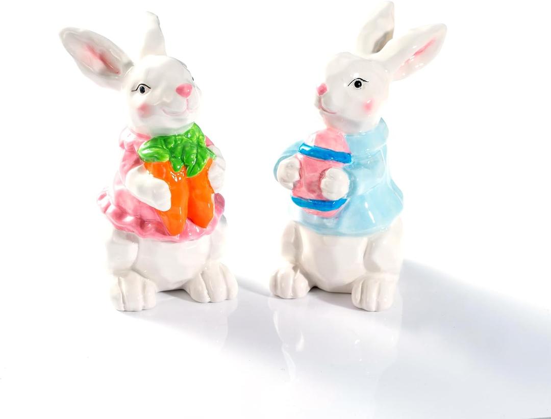 Easter Bunny Figurines 2-Piece Set  Hand-Painted Ceramic Rabbit Statues with Carrot and Egg, Cute Spring Easter Decorations for Home, Table Centerpiece