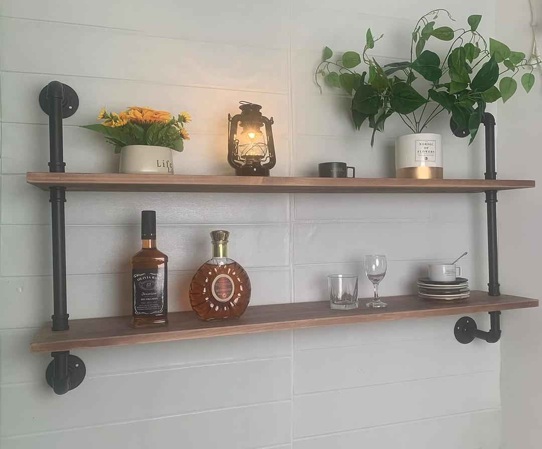 HDDFER Pipe Shelves Industrial Pipe Shelving Real Wood Industrial Floating Shelves with Wood Planks 48 inch Wall Shelves Rustic Hanging Bookshelf Farmhouse Kitchen Bar Shelving, 2Tier 48in