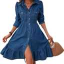 utcoco Women's Flowy Denim Dress 2025 Vacation Lapel Long Puff Sleeve Button Down A Line Swing Ruffle Jean Dress (Blue, L)