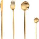 Luxury Stainless Steel Flatware, 4 Pc. Set with Fork, Knife, and Spoons, Modern Cutlery, Mirror Polished Finish, Decorative Kitchen Silverware in Gold, Black, or Silver (Gold)