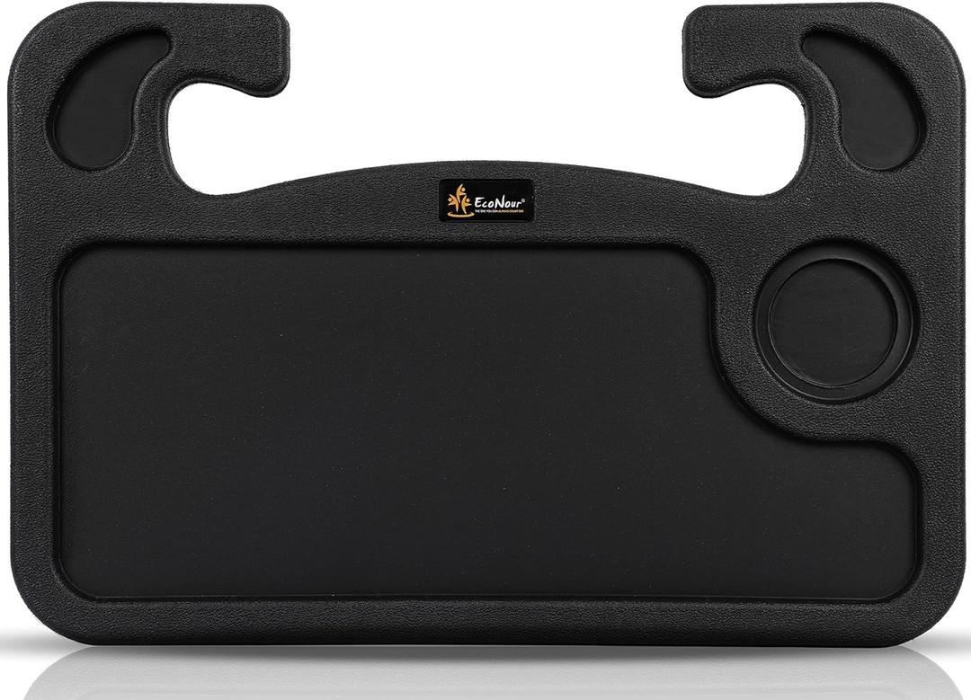 EcoNour 2 in 1 Car Steering Wheel Desk | Tray for Laptop Car Mount with Pen Holder | Desk Console for Car | Food Tray for Eating with Drinks Holder | Multipurpose Travel Car Accessories (Black)