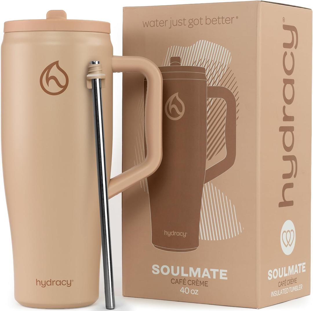 Hydracy Soulmate 40 oz Tumbler with Handle and Flip Straw - 100% Leakproof Reusable Insulated Cup with Stainless Steel Straw - Cupholder Friendly Rubber Base Travel Mug - Cafe Creme