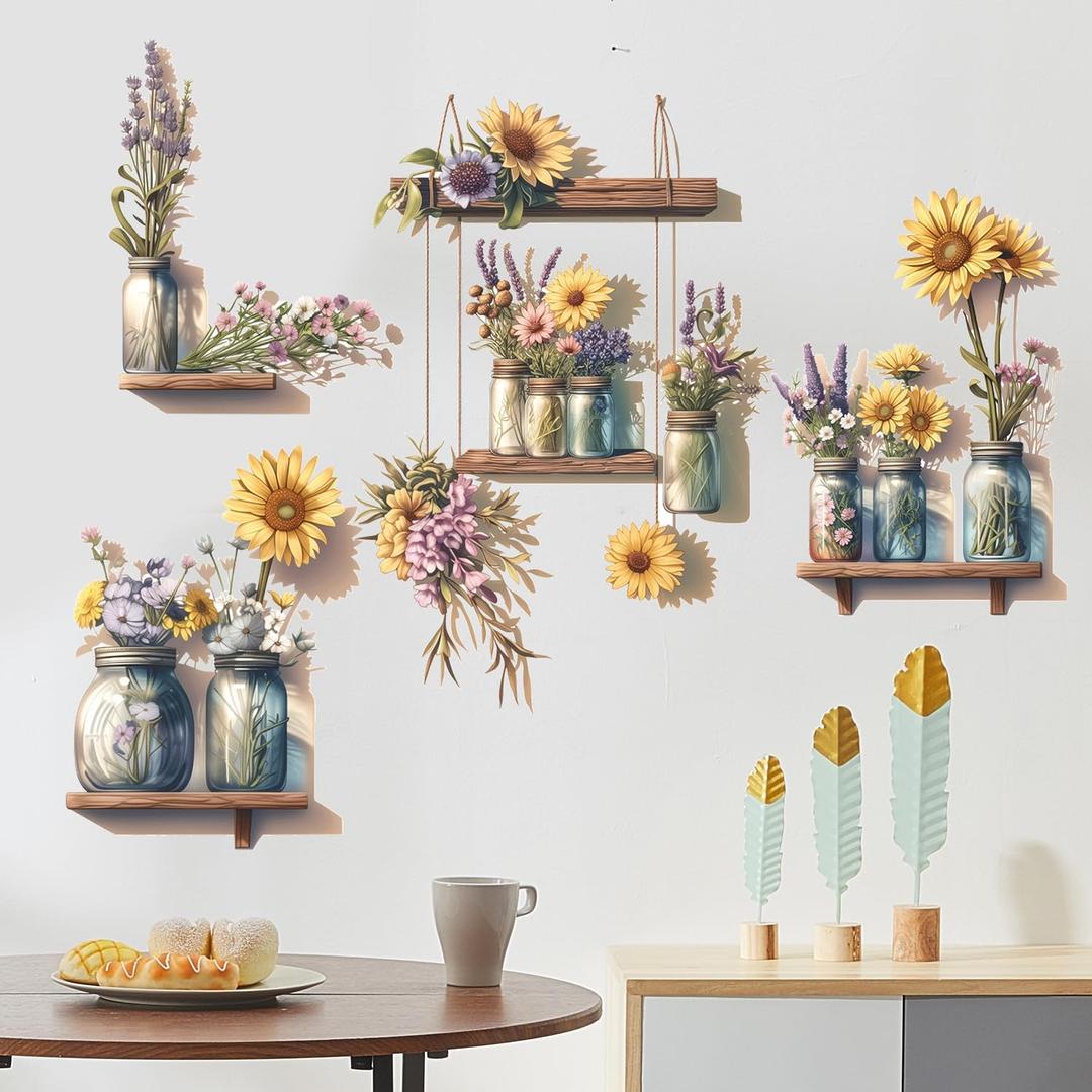 Sunflower Wall Decals 3D Flower Wall Stickers Potted Plant Floral Wall Decal Peel and Stick Flower Window Clings Vinyl Removable for Bedroom Nursery Decoration