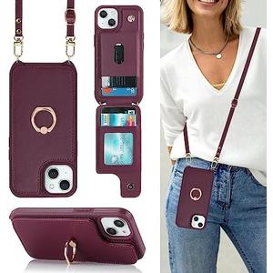 Lipvina for iPhone 15 Case with Card Holder and Strap for Women,Crossbody Lanyard,RFID Blocking,Stand Ring Kickstand,Snap Clasp,Phone Wallet Cases 6.1 inch(Wine Red)