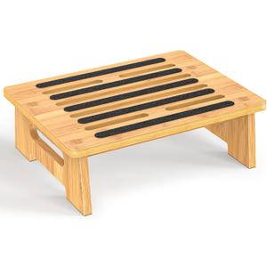 One Step Stool for Adults Seniors and Kids with Non-Slip Surface, Natural Bamboo Stepping Stools for High Bed, Bathroom and Kitchen, Hold Up to 450 LBS, Lightweight, Waterproof, Easy to Install