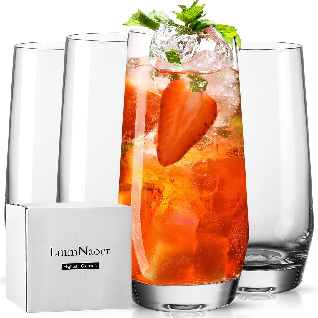 Highball Glasses Set of 4 (18 Ounce), Lead-Free Crystal Tall Drinking Glasses for Water, Cocktail & Beverage