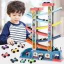Gliding Toy Toddler Car Ramp Race Track With 6 Ramps 8 Mini Cars - Zig Zag Slide Racing Toys Gifts for Kids Boys Girls 3 4 5 6
