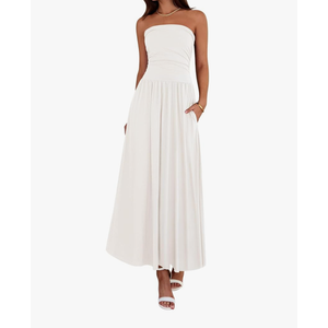 BTFBM Summer Maxi Dresses for Women 2025 Strapless Ruched Tube Top Flowy Beach Vacation Wedding Guest Dress Pockets S