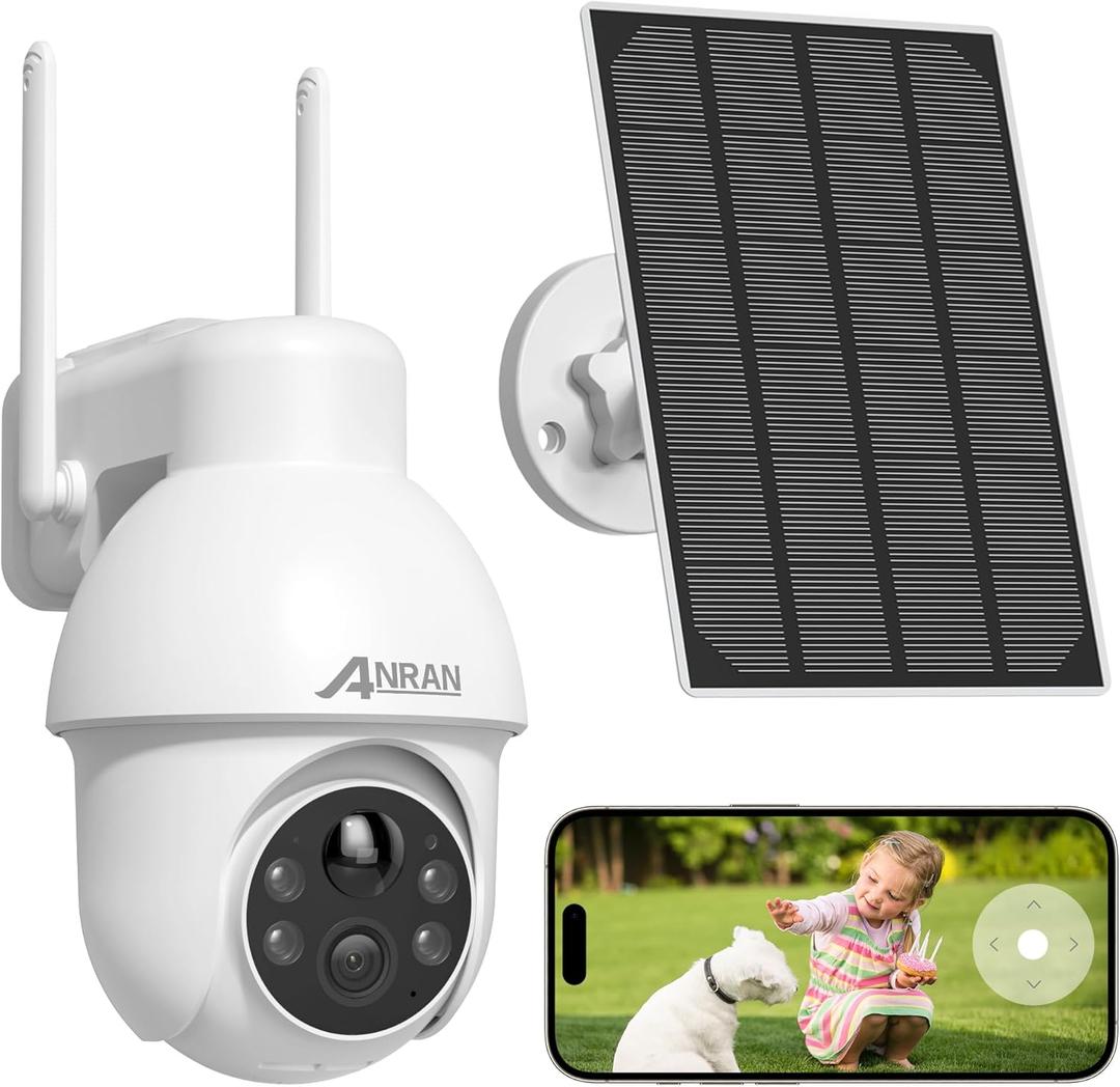 ANRAN 2K Solar Security Camera Outdoor Wireless, WiFi Camera Battery-Powered with 360 PTZ for Home Security, 3MP Color Night Vision, PIR Motion Detection, Two-Way Audio, Compatible with Alexa (2K White-1pcs)