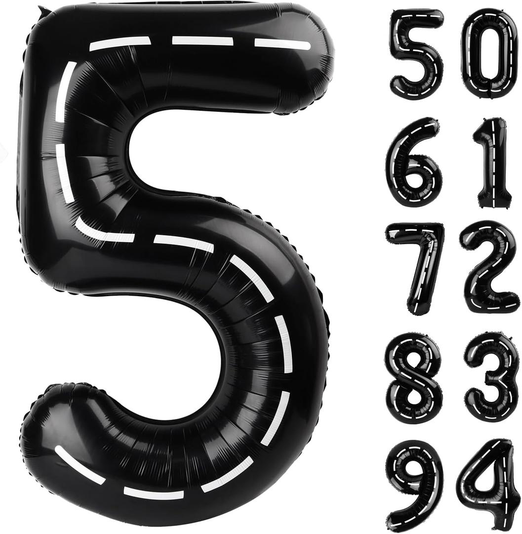 Race Car 5 Balloon, Number Balloons 40 Inch, 5th Black Birthday Balloon Decorations, Race Car Birthday Party Supplies, 5 Number Balloons, Number 5 Balloon
