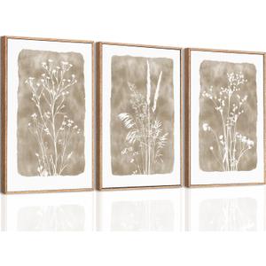 ANHUIB Beige Floral Canvas Wall Art Neutral Botanical Wall Decor 12x16 Inch Set of 3 for Living Room Bedroom Bathroom