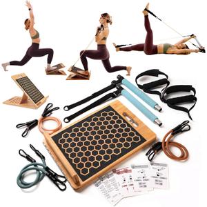 Pilates Kit - 3-in-1 Home Workout Set with Bamboo Slant Board, Pilates Bar & Resistance Bands, 54 Workout Cards + QR Code for Follow-Along Videos - Full Body Training & Mobility