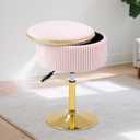 Adjustable Vanity Stool with Storage, 360 Swivel Makeup Stool Chair Small Velvet Round Ottoman with Gold Base for Bedroom, Pink