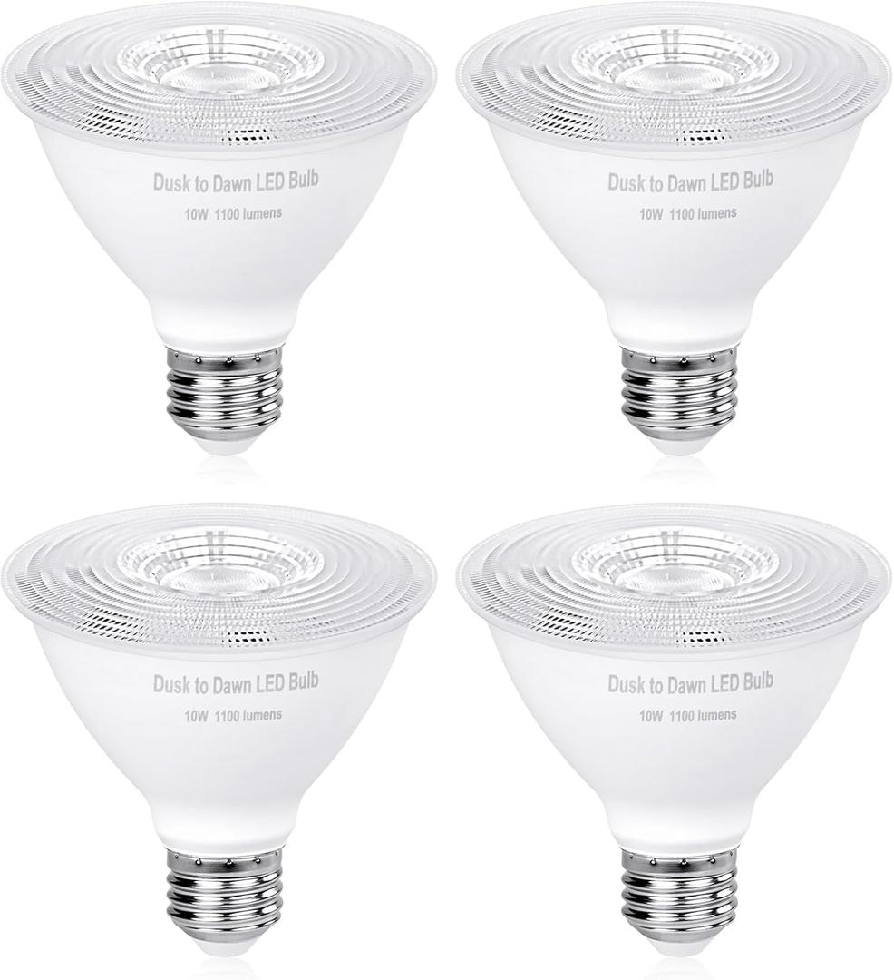 PAR30 Short Neck Outdoor LED Flood Light Bulbs,Dusk to Dawn Light Bulbs 10W, LED Photocell Sensor,1100Lm Equivalent 100W,2700K Warm White, 4-Pack