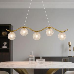 Modern Linear Globe Chandelier Gold 5-Lights Mid Century Linear Chandelier for Dining Room Clear Glass Globe Light Fixture for Kitchen Island Living Room