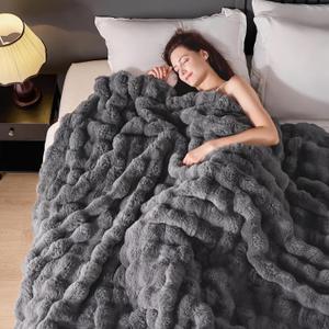 Luxury 1000GSM Faux Rabbit Fur Throw Blanket, Super Heavy Warm Cozy Blankets for Couch Bed Sofa, Bubble Plush Fuzzy Elegant Soft Reversible Mink Blanket for Living Room Bedroom, Grey (50"x60")