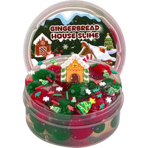 4 x Gingerbread House Green & Red Pom-Poms Clear Slime, Good Stretchy Premade Slime, Slime Party Favors for Kids, Sensory Toys Girls Gifts & Boys Gifts Birthday Easter Hallowmas Christmas Slime