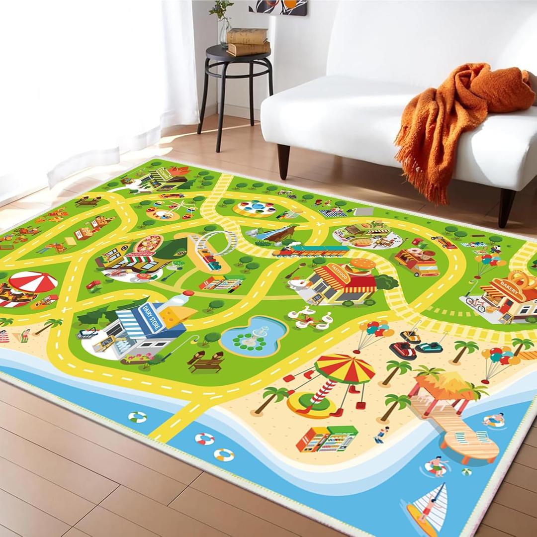 Kids Carpet Car Rug Play Mat for Playroom- 31"x 47" Non Slip Washable Kids Play Rug for Cars- Large Kid Educational Rugs Ideal Gifts for Toddler Classroom Boys Girls Bedroom Decor (3'11" x 2'8", Coastal Cities)