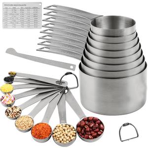 Measuring Cups Set 19, 18/8 (304) Stainless Steel Measuring Cups and Spoons Set, Metal Measuring Cups & Spoons & Leveler&Magnetic Conversion Chart for Kitchen and Baking