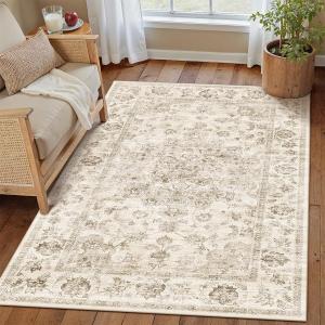 3x4 Washable Neutral Area Rug Beige Vintage Entryway Office Carpet Non-Slip Soft Low Pile Farmhouse Throw Rug for Entrance Living Room Bathroom Dining Room