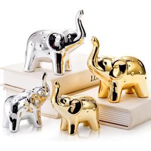 4 Pcs Elephant Statue Home Decor, Modern Style Ceramic Elephants Figurine, Cute Christmas Lucky Animal Sculpture Gift for Living Room Bookshelf Desktop Office (Gold & Silver)