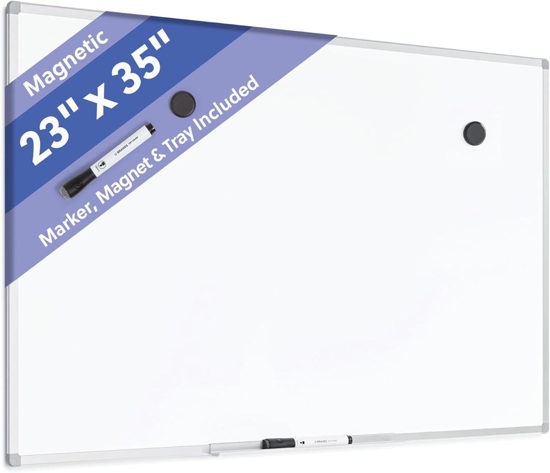 U Brands Magnetic Dry Erase Board White Board, 36" x 24", Slim Aluminum Frame, Includes Dry Erase Marker, Magnet, and Clip-On Tray