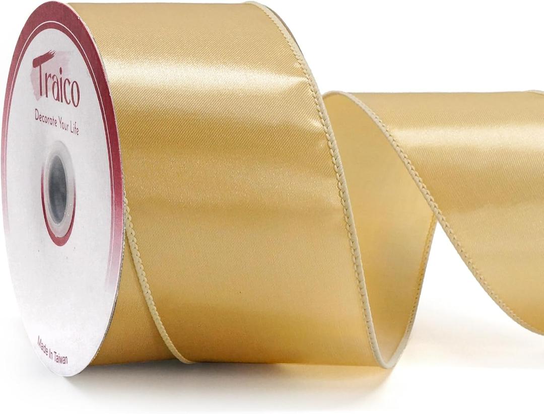2.5" Lt. Gold Satin Wired Ribbon 20 Yards for Christmas Wedding Wreath Gift Wrapping Home Dcor DIY