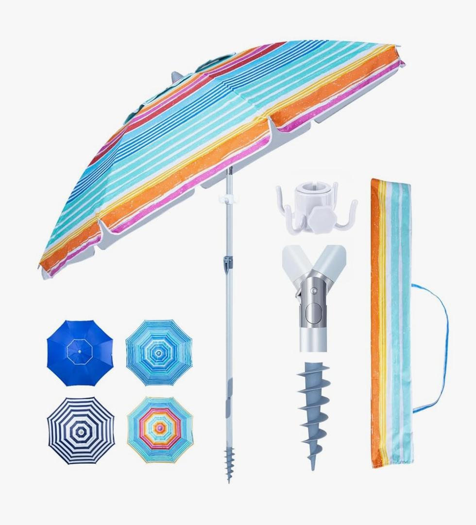 Heavy Duty High Wind Beach Umbrella with Sand Anchor & Carry Bag|Patio Outdoor Umbrella with Alumininm Frame, Sunshade Umbrella with Push Button Tilt, Ideal for Travel Garden Lawn Poolside Backyard, UPF 60+