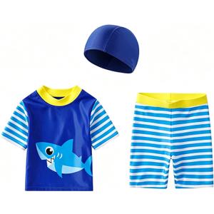 Baby Boys Two Piece Swimsuit Dinosaur Bathing Suit SPF Swim Shirt & Trunks Kids Rash Guard Shorts with Swim Cap (Blue)