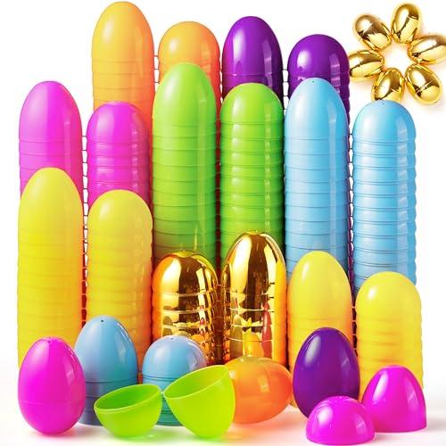 JOYIN 3.15" 144 PCS Plastic Easter Eggs 6 Golden Eggs, Large Empty Eggshells Fillable for Easter Hunt, Parties, Basket Stuffers Filler, Classroom Prize Supplies