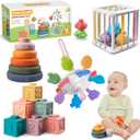 Montessori Baby Toys for Ages 6-18 Months - Pull String Teether, Stacking Blocks, Sensory Shapes Storage Bin, Infant Bath Time Fun, 4 in 1 Toddlers Toy Gifts for 1 2 3 Year Old Boys Girls