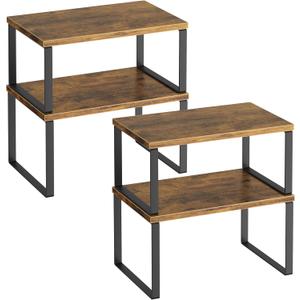 Kitchen Cabinet Organizer Shelf Set of 4, Sturdy Kitchen Counter Shelves with Metal Legs, Stackable Expandable Wood Spice Rack Pantry Cupboard Dish Mug Cup Storage Organizer Shelf, Rustic Brown