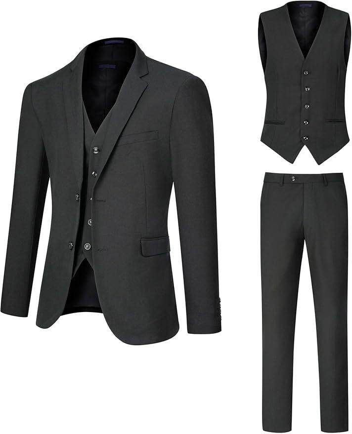 DEETRUST Men's Slim Fit 2 Button 3 Piece Suit Set, Solid Blazer Jacket with Multi-Functional Inner Pockets for Business/Party S